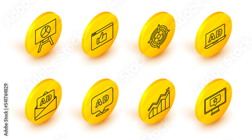Set line Monitor with star, Financial growth increase, Advertising, Target, Customer product rating and Board graph chart icon. Vector