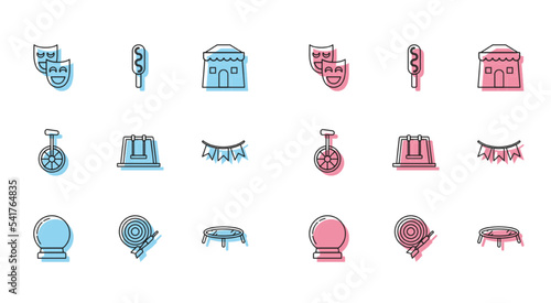 Set line Magic ball, Classic dart board and arrow, Comedy theatrical masks, Jumping trampoline, Swing, Carnival garland with flags, Unicycle or one wheel bicycle and Corn dog icon. Vector