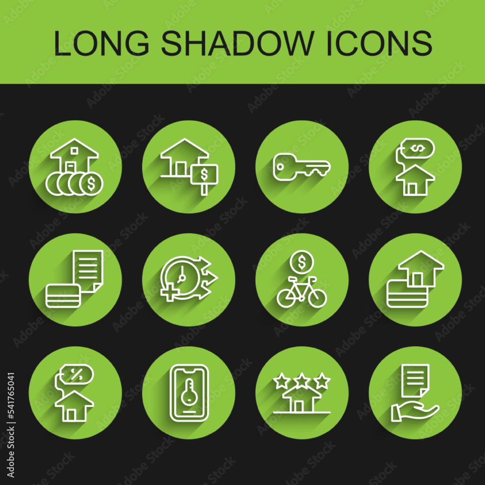 Set line House with percant, Online real estate, dollar, Real, contract, Clock, Credit card and Bicycle rental mobile app icon. Vector Set line House with percant, Online real estate, dollar, Real, contract, Clock, Credit card and Bicycle rental mobile app icon. Vector
