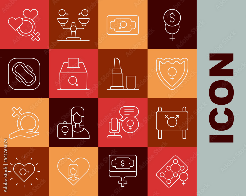 Set line Packaging of birth control pills, Feminist activist, Gender shield, Female, Money growth woman, vote right, Sanitary napkin, gender and Lipstick icon. Vector Set line Packaging of birth control pills, Feminist activist, Gender shield, Female, Money growth woman, vote right, Sanitary napkin, gender and Lipstick icon. Vector