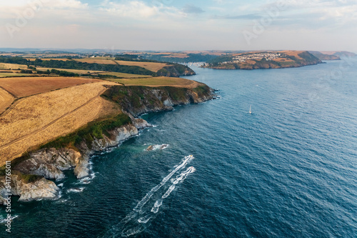 Aerial view of the coast and cliffs towards Fowey and Polruan, Cornwall, United Kingdom. photo