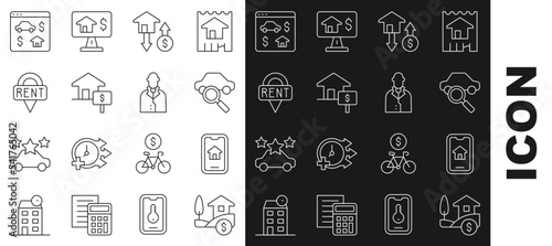 Set line House with dollar, Online real estate, Car sharing, Location key, and Realtor icon. Vector