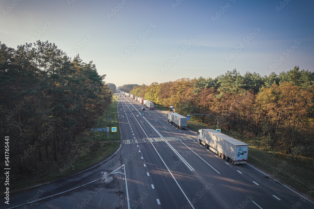A line of trucks on the border of Belarus and Poland