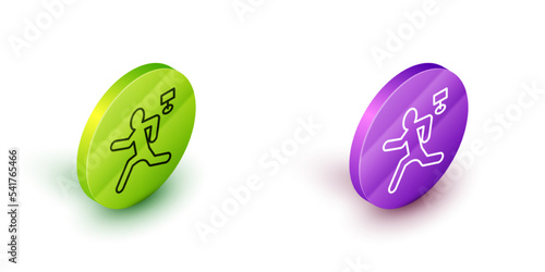 Isometric line Murder icon isolated on white background. Body, bleeding, corpse, bleeding icon. Concept of crime scene. Green and purple circle buttons. Vector