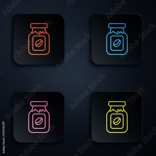 Color neon line Coffee jar bottle icon isolated on black background. Set icons in square buttons. Vector
