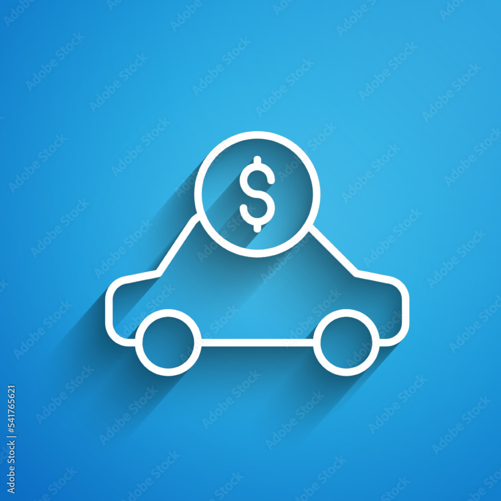 White line Car rental icon isolated on blue background. Rent a car sign. Key with car. Concept for automobile repair service. Long shadow. Vector White line Car rental icon isolated on blue background. Rent a car sign. Key with car. Concept for automobile repair service. Long shadow. Vector