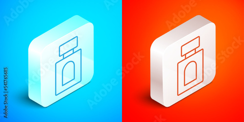 Isometric line Aftershave icon isolated on blue and red background. Cologne spray icon. Male perfume bottle. Silver square button. Vector