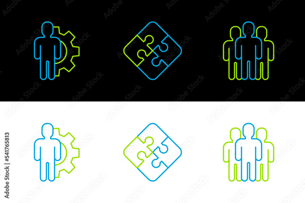Set line Users group, Human with gear inside and Piece of puzzle icon. Vector Set line Users group, Human with gear inside and Piece of puzzle icon. Vector