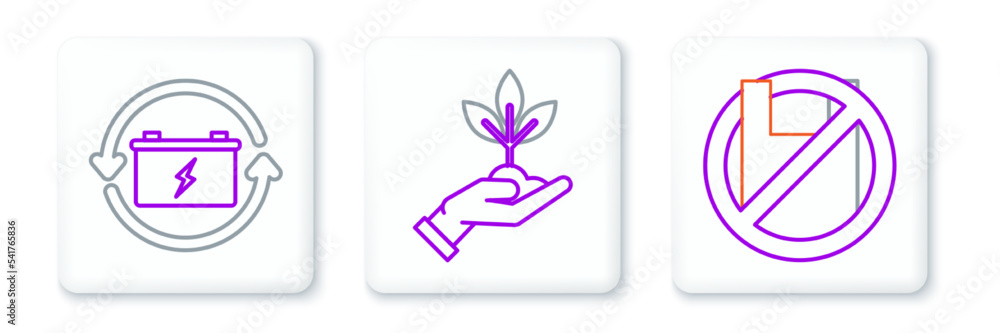 Set line Say no to plastic bags poster, Battery with recycle symbol and Plant in hand of environmental protection icon. Vector Set line Say no to plastic bags poster, Battery with recycle symbol and Plant in hand of environmental protection icon. Vector