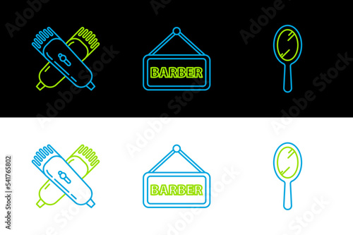 Set line Hand mirror, Crossed electrical hair clipper shaver and Barbershop icon. Vector