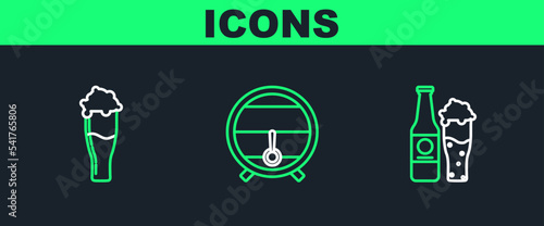 Set line Beer bottle and glass, Glass of beer and Wooden barrel on rack with stopcock icon. Vector
