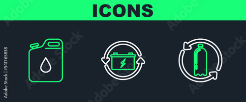 Set line Recycling plastic bottle, Canister for gasoline and Battery with recycle symbol icon. Vector