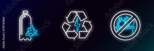 Set line No trash, Recycling plastic bottle and Battery with recycle symbol icon. Glowing neon. Vector