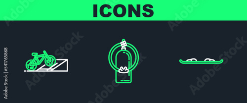 Set line Snowboard, Bicycle on street ramp and Aqualung icon. Vector