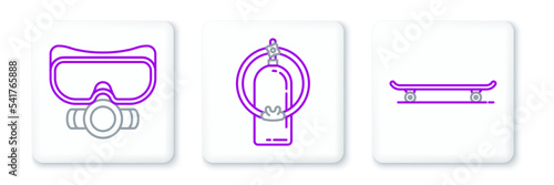 Set line Skateboard, Diving mask and Aqualung icon. Vector