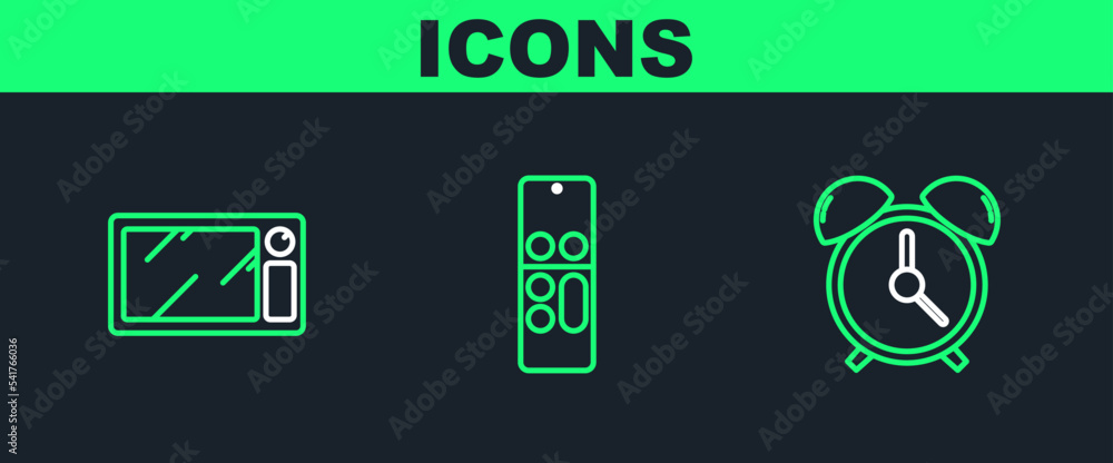 Set line Alarm clock, Microwave oven and Remote control icon. Vector Set line Alarm clock, Microwave oven and Remote control icon. Vector
