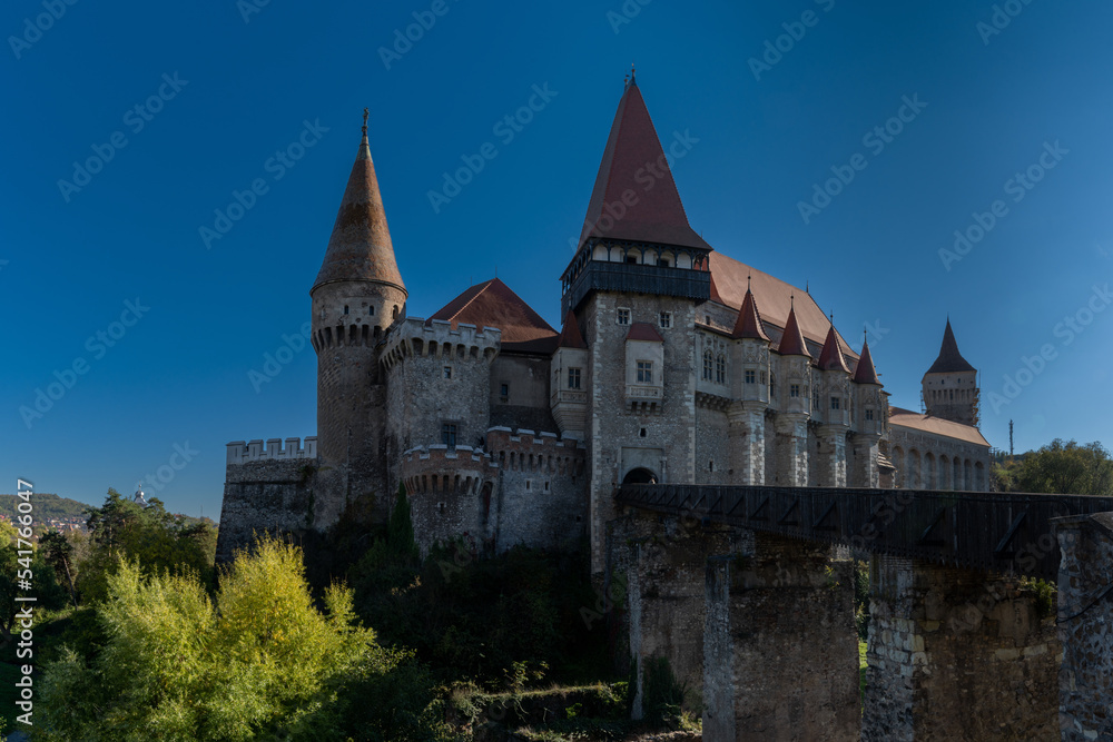 view of the landmark 15th-century Corvin Castle in Hunedoara in Transylvania