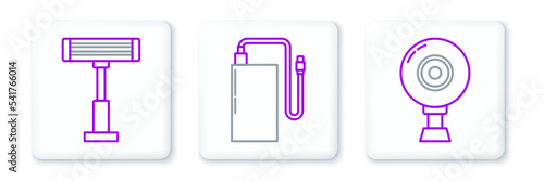 Set line Web camera, Electric heater and Power bank with different charge cable icon. Vector