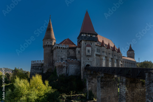 view of the landmark 15th-century Corvin Castle in Hunedoara in Transylvania