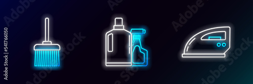 Set line Electric iron, Handle broom and Plastic bottles for liquid dishwashing liquid icon. Glowing neon. Vector
