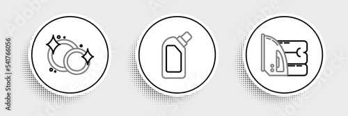 Set line Electric iron and towel, Washing dishes and Plastic bottles for liquid dishwashing liquid icon. Vector
