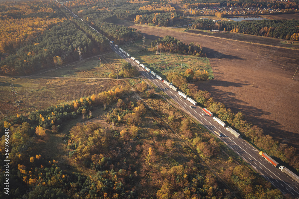 A line of trucks on the border of Belarus and Poland