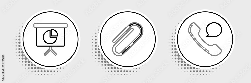 Set line Telephone handset and speech bubble chat, Presentation financial board with graph, schedule, chart, diagram, infographic, pie graph and Paper clip icon. Vector Set line Telephone handset and speech bubble chat, Presentation financial board with graph, schedule, chart, diagram, infographic, pie graph and Paper clip icon. Vector