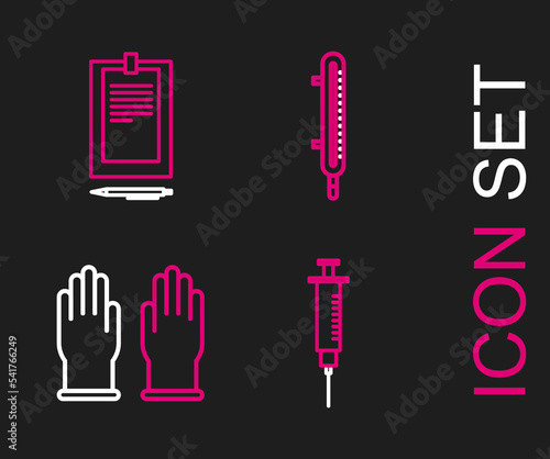 Set line Syringe, Rubber gloves, Meteorology thermometer measuring and Clipboard with document icon. Vector