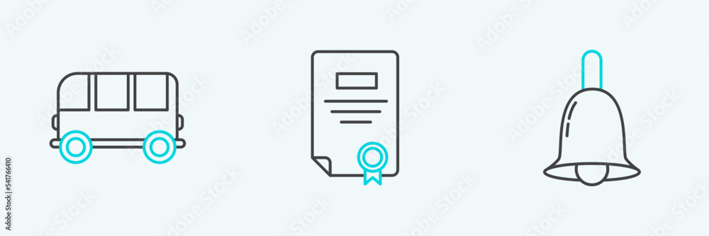 Set line Ringing bell, School Bus and Certificate template icon. Vector Set line Ringing bell, School Bus and Certificate template icon. Vector