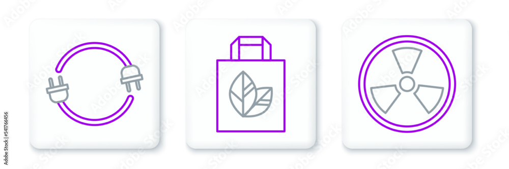 Set line Radioactive, Electric plug and Paper shopping bag with recycle icon. Vector Set line Radioactive, Electric plug and Paper shopping bag with recycle icon. Vector