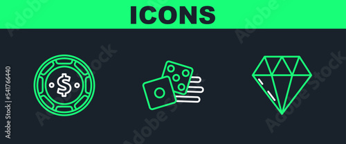 Set line Diamond, Casino chip with dollar and Game dice icon. Vector