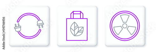 Set line Radioactive  Electric plug and Paper shopping bag with recycle icon. Vector