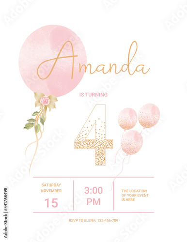 invitation card for the girl's first birthday party. Template for baby shower invitation. Four years	