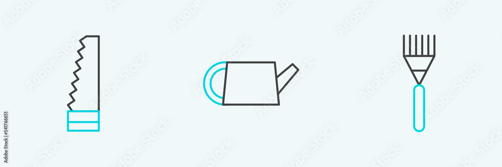 Set line Garden rake, saw and Watering can icon. Vector Set line Garden rake, saw and Watering can icon. Vector