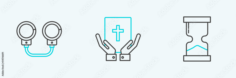 Set line Old hourglass, Handcuffs and Oath on the Holy Bible icon. Vector Set line Old hourglass, Handcuffs and Oath on the Holy Bible icon. Vector