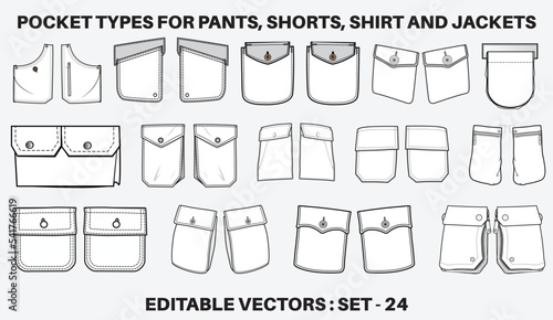 Patch pocket flat sketch vector illustration set, different types of Clothing Pockets for jeans pocket, denim, sleeve arm, cargo pants, dresses, bag, garments, Clothing and Accessories