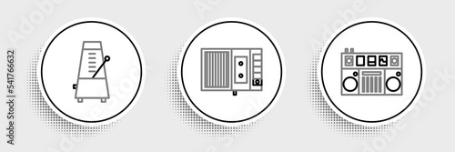 Set line DJ remote for playing and mixing music, Metronome with pendulum motion and Music tape player icon. Vector