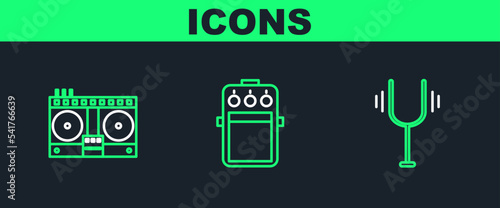 Set line Musical tuning fork, DJ remote playing and mixing music and Guitar pedal icon. Vector