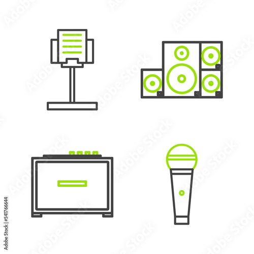 Set line Microphone, Guitar amplifier, Stereo speaker and Music stand icon. Vector