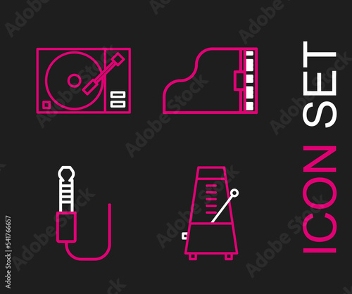 Set line Metronome with pendulum in motion, Audio jack, Grand piano and Vinyl player vinyl disk icon. Vector