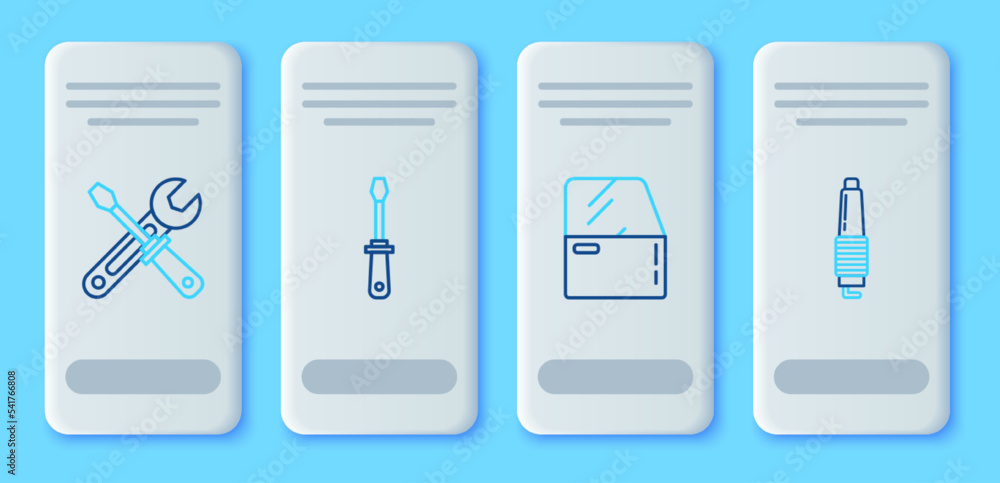 Set line Screwdriver, Car door, and wrench tools and spark plug icon. Vector Set line Screwdriver, Car door, and wrench tools and spark plug icon. Vector