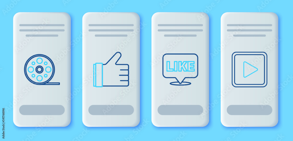 Set line Hand like, Like in speech bubble, Film reel and Play square icon. Vector Set line Hand like, Like in speech bubble, Film reel and Play square icon. Vector