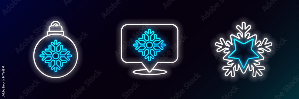 Set line Snowflake, Christmas ball and with speech bubble icon. Glowing neon. Vector Set line Snowflake, Christmas ball and with speech bubble icon. Glowing neon. Vector