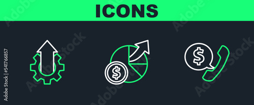 Set line Telephone handset and speech bubble chat, Arrow growth gear business and Money diagram graph icon. Vector