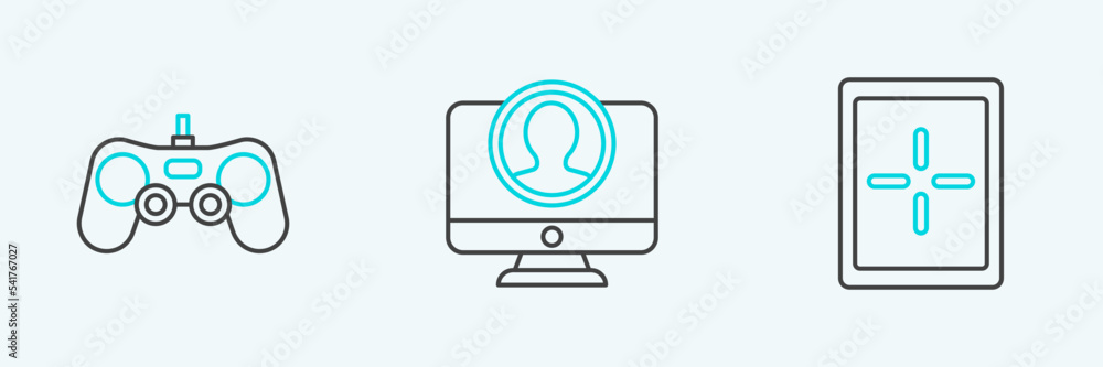 Set line Tablet, Gamepad and Create account screen icon. Vector Set line Tablet, Gamepad and Create account screen icon. Vector