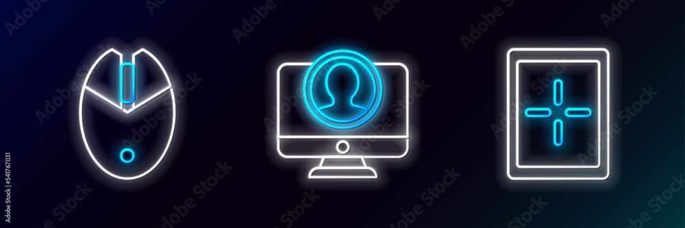 Set line Tablet, Computer mouse gaming and Create account screen icon. Glowing neon. Vector Set line Tablet, Computer mouse gaming and Create account screen icon. Glowing neon. Vector
