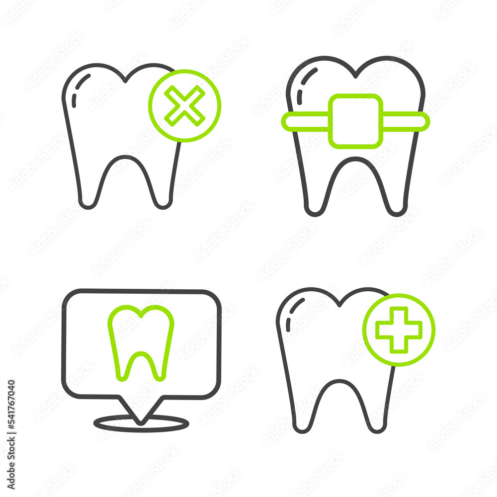 Set line Tooth, Dental clinic location, Teeth with braces and caries icon. Vector Set line Tooth, Dental clinic location, Teeth with braces and caries icon. Vector