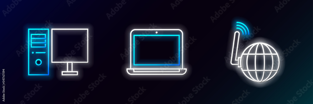 Set line Social network, Computer monitor and Laptop icon. Glowing neon. Vector