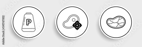 Set line Steak meat, Pepper and Fresh frozen steak icon. Vector