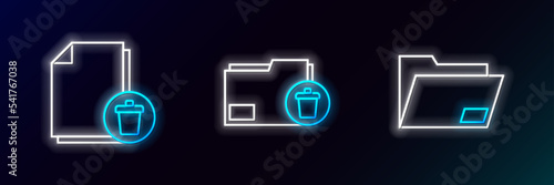 Set line Document folder, Delete file document and icon. Glowing neon. Vector